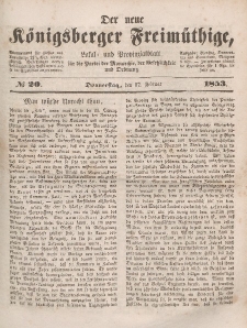 Der neue Königsberger Freimüthige, Nr. 20 Donnerstag, 17 Februar 1853
