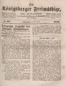 Der Königsberger Freimüthige, Nr. 43 Dienstag, 12 April 1853