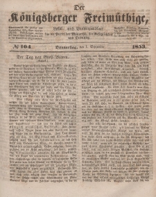 Der Königsberger Freimüthige, Nr. 104 Donnerstag, 1 September 1853