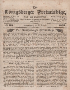 Der Königsberger Freimüthige, Nr. 113 Donnerstag, 22 September 1853