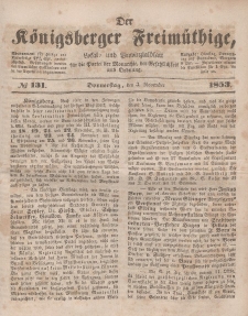 Der Königsberger Freimüthige, Nr. 131 Donnerstag, 3 November 1853