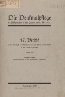 Die Denkmalpflege in der Provinz Westpreußen in den Jahren 1920 bis 1931