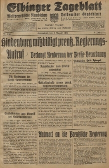 Elbinger Tageblatt, Nr. 184 Sonnabend 8 August 1931, 8. Jahrgang