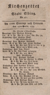 Kirchenzettel der Stadt Elbing, Nr. 41, 15 September 1799