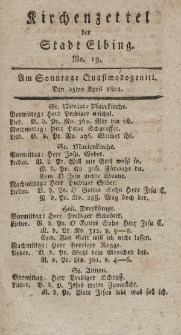 Kirchenzettel der Stadt Elbing, Nr. 19, 25 April 1802