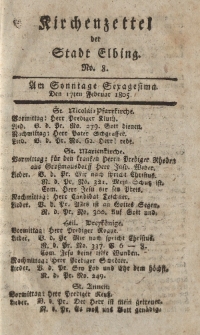 Kirchenzettel der Stadt Elbing, Nr. 8, 17 Februar 1805