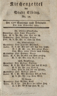 Kirchenzettel der Stadt Elbing, Nr. 39, 1 September 1805