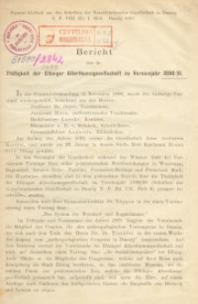 Bericht über die Tätigkeit der Elbinger Altertumsgesellschaft in den Vereinsjahr 1890/1891