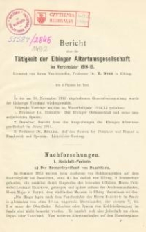 Bericht über die Tätigkeit der Elbinger Altertumsgesellschaft in dem Vereinsjahr 1914/1915