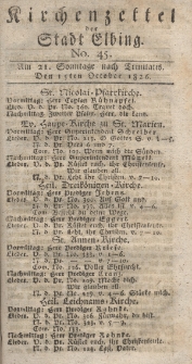 Kirchenzettel der Stadt Elbing, Nr. 45, 15 Oktober 1826