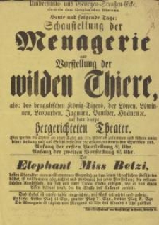 Bestandteil Nr. 18 der Nitschmanns Sammlungen : Menagerie und Vorstellung der wilden Thiere