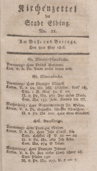 Kirchenzettel der Stadt Elbing, Nr. 22, 8 Mai 1816