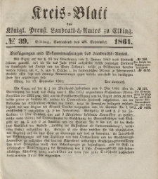 Kreis-Blatt des Königlich Preußischen Landraths-Amtes zu Elbing, Nr. 39 Sonnabend 28 September 1861