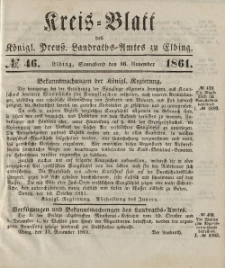 Kreis-Blatt des Königlich Preußischen Landraths-Amtes zu Elbing, Nr. 46 Sonnabend 16 November 1861