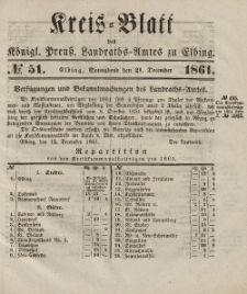 Kreis-Blatt des Königlich Preußischen Landraths-Amtes zu Elbing, Nr. 51 Sonnabend 21 Dezember 1861