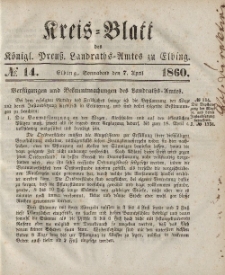 Kreis-Blatt des Königlich Preußischen Landraths-Amtes zu Elbing, Nr. 14 Sonnabend 7 April 1860