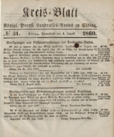 Kreis-Blatt des Königlich Preußischen Landraths-Amtes zu Elbing, Nr. 31 Sonnabend 4 August 1860