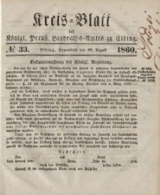 Kreis-Blatt des Königlich Preußischen Landraths-Amtes zu Elbing, Nr. 33 Sonnabend 18 August 1860