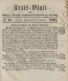Kreis-Blatt des Königlich Preußischen Landraths-Amtes zu Elbing, Nr. 45 Sonnabend 10 November 1860