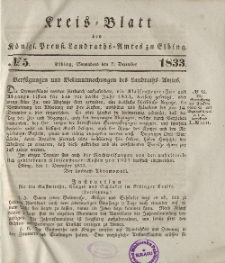 Kreis-Blatt des Königlich Preußischen Landraths-Amtes zu Elbing, Nr. 5 Sonnabend 7 Dezember 1833