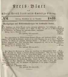 Kreis-Blatt des Königlich Preußischen Landraths-Amtes zu Elbing, Nr. 6 Sonnabend 14 Dezember 1833