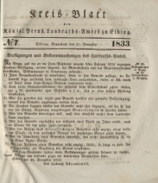 Kreis-Blatt des Königlich Preußischen Landraths-Amtes zu Elbing, Nr. 7 Sonnabend 21 Dezember 1833