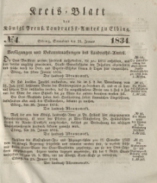 Kreis-Blatt des Königlich Preußischen Landraths-Amtes zu Elbing, Nr. 4 Sonnabend 25 Januar 1834