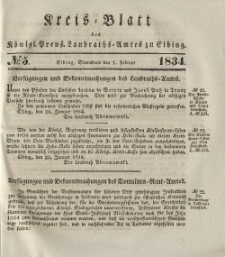 Kreis-Blatt des Königlich Preußischen Landraths-Amtes zu Elbing, Nr. 5 Sonnabend 1 Februar 1834