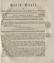 Kreis-Blatt des Königlich Preußischen Landraths-Amtes zu Elbing, Nr. 7 Sonnabend 15 Februar 1834