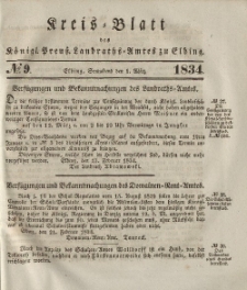 Kreis-Blatt des Königlich Preußischen Landraths-Amtes zu Elbing, Nr. 9 Sonnabend 1 März 1834