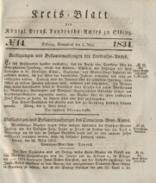 Kreis-Blatt des Königlich Preußischen Landraths-Amtes zu Elbing, Nr. 14 Sonnabend 5 April 1834