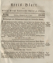 Kreis-Blatt des Königlich Preußischen Landraths-Amtes zu Elbing, Nr. 14 Sonnabend 5 April 1834