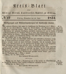 Kreis-Blatt des Königlich Preußischen Landraths-Amtes zu Elbing, Nr. 17 Sonnabend 26 April 1834