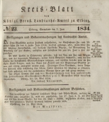 Kreis-Blatt des Königlich Preußischen Landraths-Amtes zu Elbing, Nr. 23 Sonnabend 7 Juni 1834