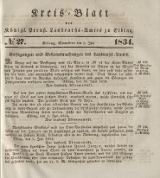 Kreis-Blatt des Königlich Preußischen Landraths-Amtes zu Elbing, Nr. 27 Sonnabend 5 Juli 1834