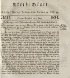 Kreis-Blatt des Königlich Preußischen Landraths-Amtes zu Elbing, Nr. 31 Sonnabend 2 August 1834