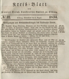 Kreis-Blatt des Königlich Preußischen Landraths-Amtes zu Elbing, Nr. 32 Sonnabend 9 August 1834