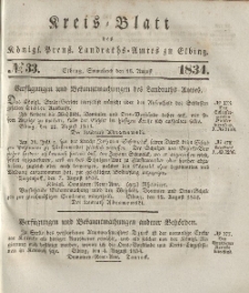 Kreis-Blatt des Königlich Preußischen Landraths-Amtes zu Elbing, Nr. 33 Sonnabend 16 August 1834