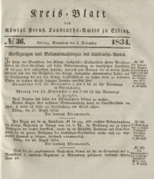 Kreis-Blatt des Königlich Preußischen Landraths-Amtes zu Elbing, Nr. 36 Sonnabend 6 September 1834
