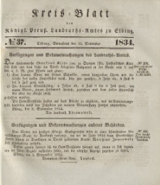 Kreis-Blatt des Königlich Preußischen Landraths-Amtes zu Elbing, Nr. 37 Sonnabend 13 September 1834