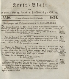 Kreis-Blatt des Königlich Preußischen Landraths-Amtes zu Elbing, Nr. 38 Sonnabend 20 September 1834