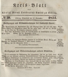 Kreis-Blatt des Königlich Preußischen Landraths-Amtes zu Elbing, Nr. 39 Sonnabend 27 September 1834