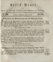 Kreis-Blatt des Königlich Preußischen Landraths-Amtes zu Elbing, Nr. 40 Sonnabend 4 Oktober 1834