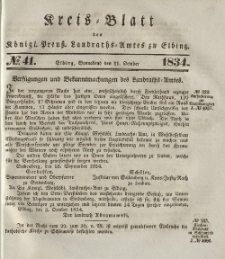 Kreis-Blatt des Königlich Preußischen Landraths-Amtes zu Elbing, Nr. 41 Sonnabend 11 Oktober 1834
