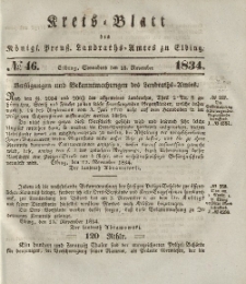 Kreis-Blatt des Königlich Preußischen Landraths-Amtes zu Elbing, Nr. 46 Sonnabend 15 November 1834