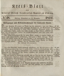 Kreis-Blatt des Königlich Preußischen Landraths-Amtes zu Elbing, Nr. 48 Sonnabend 29 November 1834
