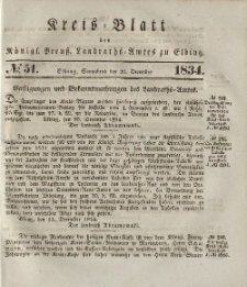 Kreis-Blatt des Königlich Preußischen Landraths-Amtes zu Elbing, Nr. 51 Sonnabend 20 Dezember 1834