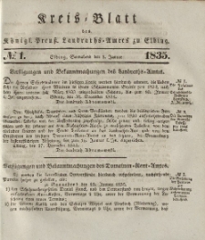 Kreis-Blatt des Königlich Preußischen Landraths-Amtes zu Elbing, Nr. 1 Sonnabend 3 Januar 1835