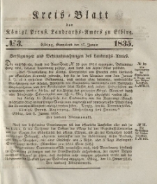 Kreis-Blatt des Königlich Preußischen Landraths-Amtes zu Elbing, Nr. 3 Sonnabend 17 Januar 1835