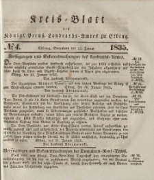 Kreis-Blatt des Königlich Preußischen Landraths-Amtes zu Elbing, Nr. 4 Sonnabend 24 Januar 1835